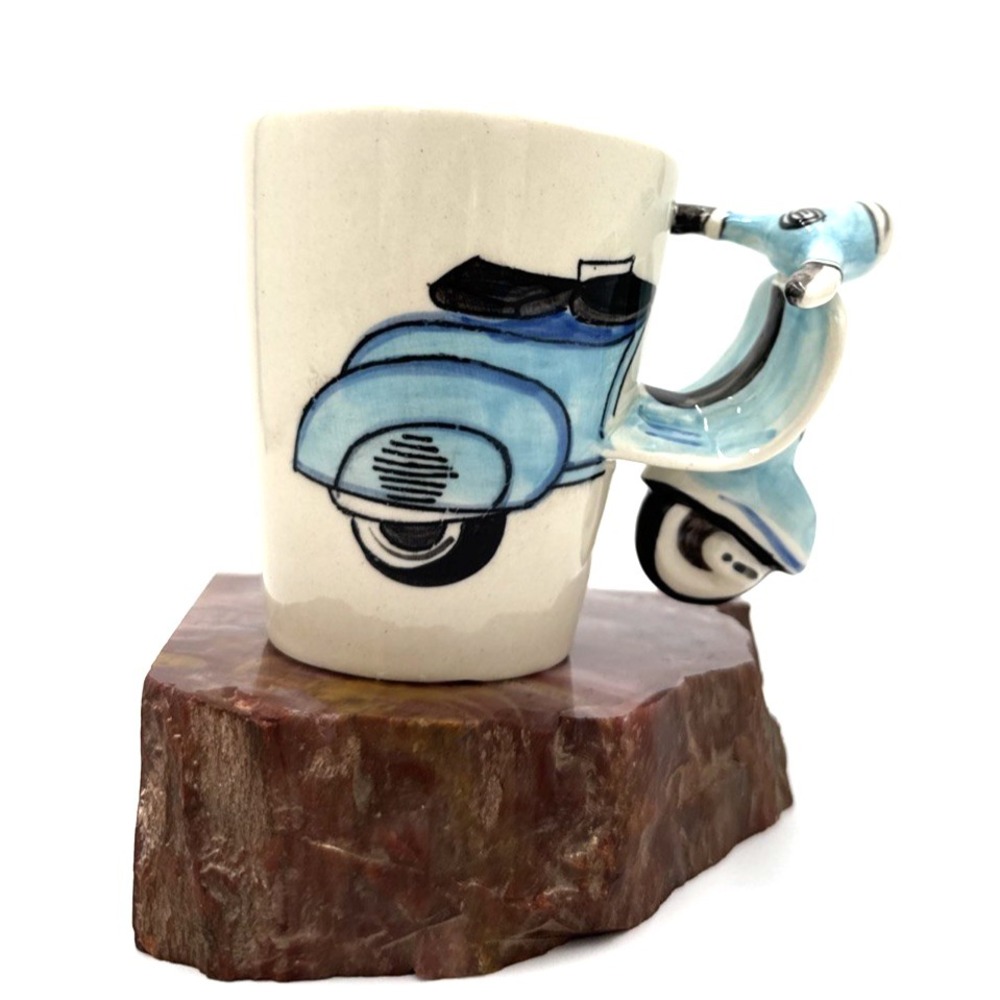 Vespa 3D Ceramic Coffee Mug Blue Scooter Handmade Life Arts Style Cup Rare
